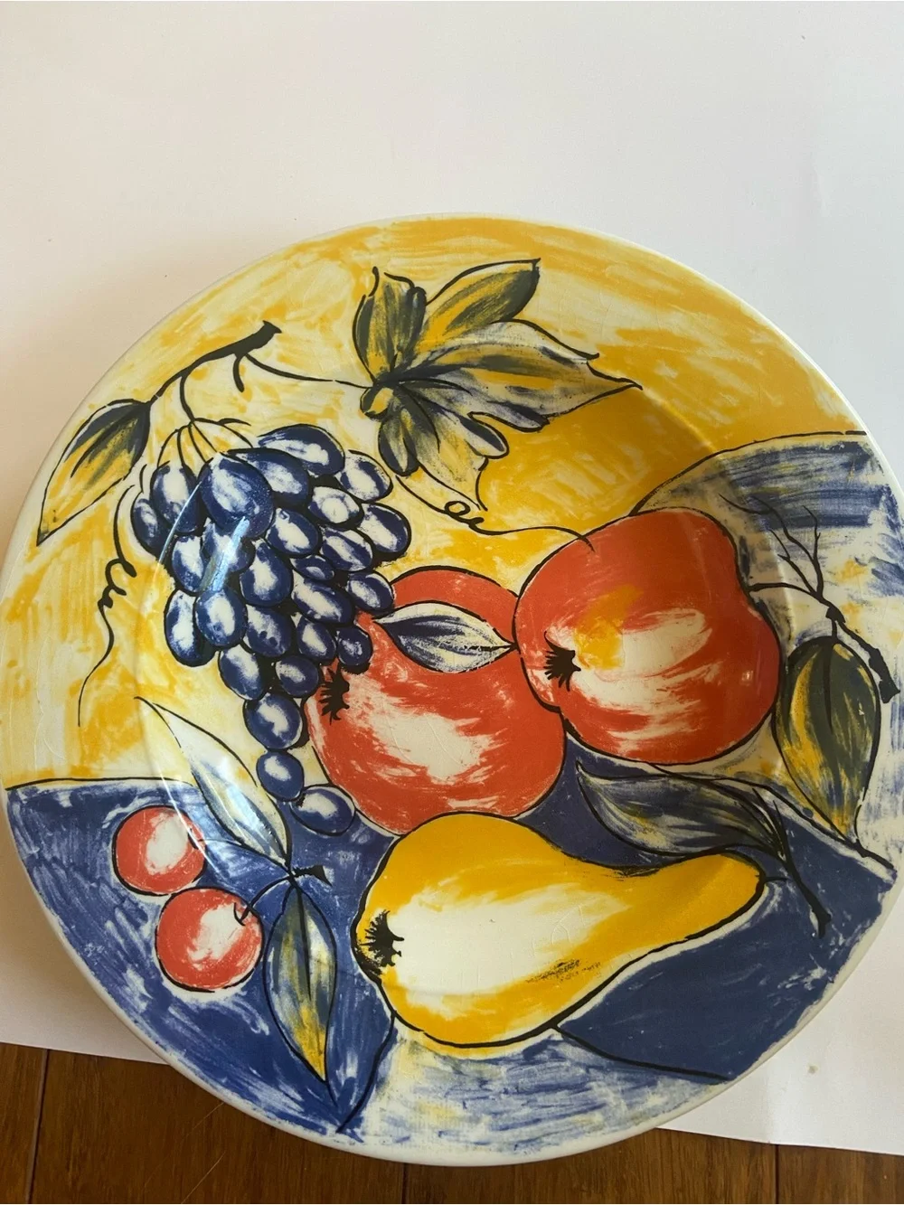 Pier 1 Hand-Painted Fruit Ceramic Plate in Yellow, Blue, Red. Made in Italy.